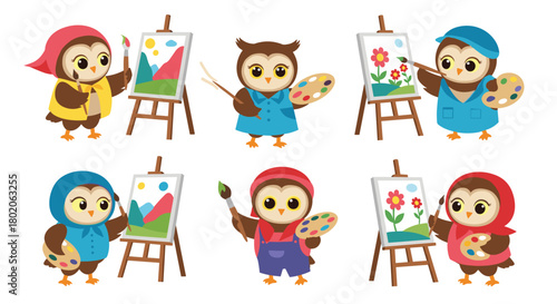 Six cute cartoon owls dressed in art smocks and hats paint various landscapes on easels.