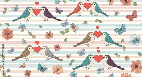 Cute seamless pattern of birds sharing hearts with flowers and butterflies on a striped background.