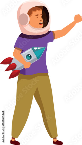 Child playing astronaut holding space rocket toy and pointing to the sky