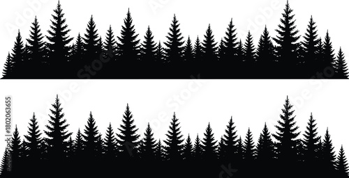 Wide panoramic black pine tree forest silhouette border for nature landscape background, cad drawing flat vector illustration.