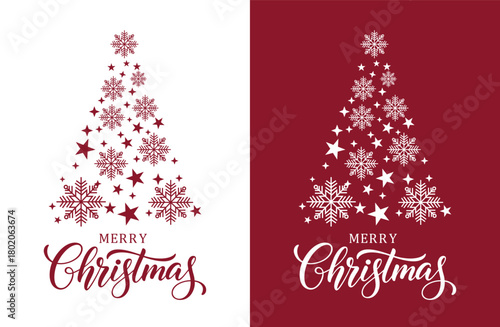 A mirrored Christmas design split between white and deep red backgrounds. Both sides feature the phrase "MERRY Christmas" in elegant script below a stylized Christmas tree shape composed of large snow