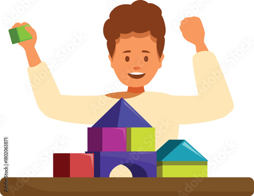 Preschooler enjoys constructive play, building a castle with colorful blocks, fostering imagination and fine motor development