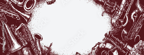 様々な管楽器が描かれた、音楽やジャズをテーマにしたベクターイラストの背景。