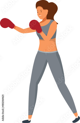 Female athlete practicing boxing, wearing boxing gloves and sportswear, delivering a powerful punch during training
