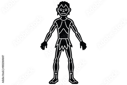 Full length monochrome illustration of stylized African man standing with arms outward displays outlined musculature