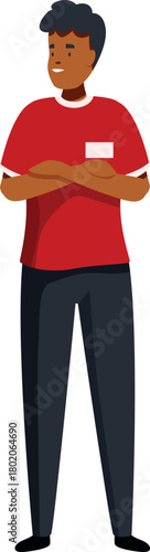 Confident supermarket employee standing with arms crossed, wearing name tag