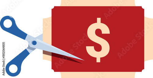 Scissors are cutting a red coupon with a dollar sign, representing cost reduction and budget management