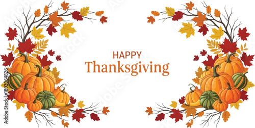 Happy Thanksgiving Border with Pumpkins & Autumn Leaves – Festive Fall Frame Design for Cards, Banners & Invitations