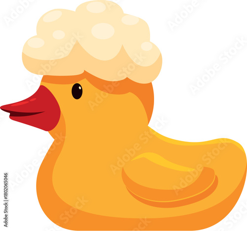 Rubber duck toy wearing a soap suds wig, enjoying bath time, playful and cheerful, perfect for children's bath time fun