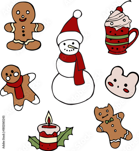 Cute and simple Christmas gingerbread cookies and snowman are perfect for decorations, stickers, greeting cards, endless patterns and emoticons.