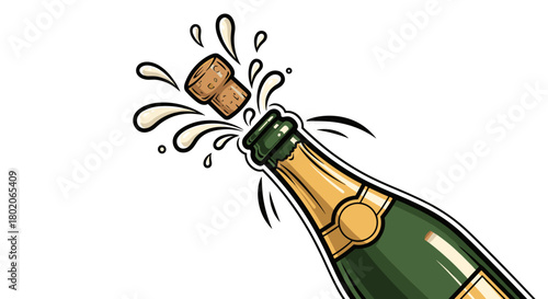 Champagne bottle popping cork celebration festive event party drink.