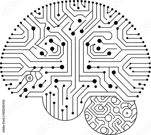 Illustration of a brain with circuit board patterns and black dots on a white background design