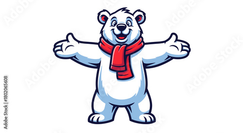 Friendly polar bear with open arms wearing a red scarf ready to hug.