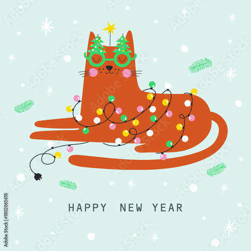 Happy new year card with cute kitten in garland. Vector