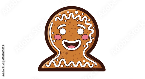 Gingerbread man smiling with white icing and pink cheeks on white background.