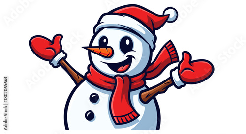 Happy cartoon snowman character wearing a red scarf and Santa hat.