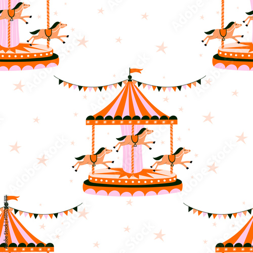 Seamles pattern with carousel and horses. Amusement park concept. Vector