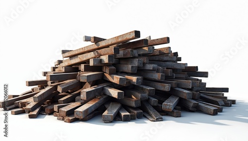 Pile of rusty metal scrap bars on white background. Stack of used steel bars. Metal debris heap. Pile of scrap metal bars for recycling or reuse. Stack of metal pieces for industrial manufacture.