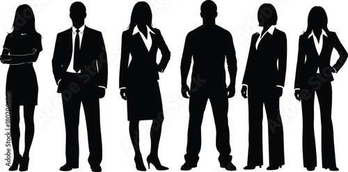 Flat vector silhouettes of professionals and casual individuals standing in line, business attire, diversity, teamwork, posture, unity, side view