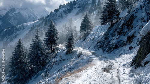 Snowy trail in Snowdonia National Park leads up a mountain covered in light snow and rocky terrain, shrouded in winter fog and distant hills visible