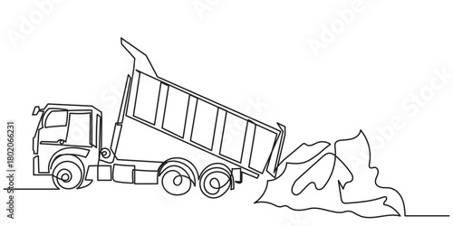 Continuous line drawing of a dump truck with its cargo bed lifted, showing the vehicle in the process of unloading materials. Single-lineart Big dump truck vector illustration.