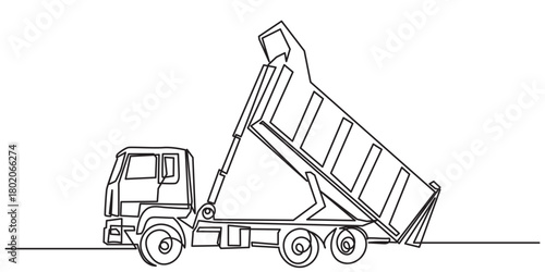 Continuous line drawing of a dump truck with its cargo bed lifted, showing the vehicle in the process of unloading materials. Single-lineart Big dump truck vector illustration.