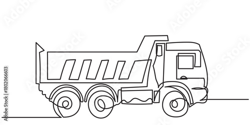 continuous line drawing of a dump truck, showing a side view with its large cargo bed, sturdy wheels, and clean, minimal outlines.A simple line-art Big dump truck vector illustration.