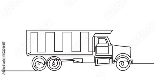 continuous line drawing of a dump truck, showing a side view with its large cargo bed, sturdy wheels, and clean, minimal outlines.A simple line-art Big dump truck vector illustration.