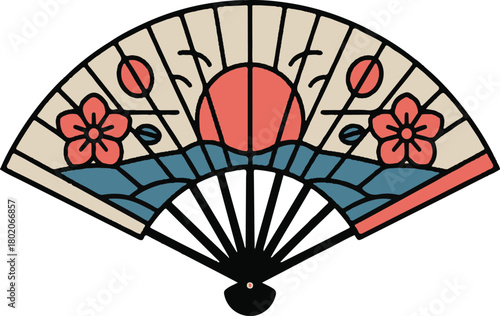 Asian Fan Vector Design: Traditional Japanese Art With Sunrise and Cherry Blossoms