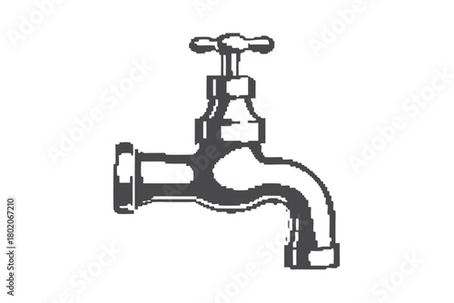 Metallic vintage faucet displays pixelated texture against an isolated white studio background creating an aged effect