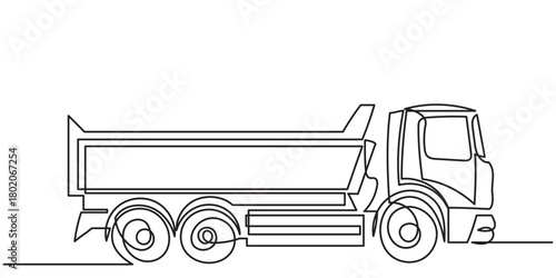 continuous line drawing of a dump truck, showing a side view with its large cargo bed, sturdy wheels, and clean, minimal outlines.A simple line-art Big dump truck vector illustration.