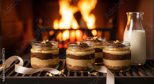 Peanut butter cheesecake decadent chocolate and caramel desserts in jars served by a cozy fireplace with a bottle of milk, evoking warmth and indulgence during a cold evening