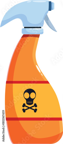 Orange plastic spray bottle with a skull and crossbones symbol indicating its poisonous contents and chemical hazard