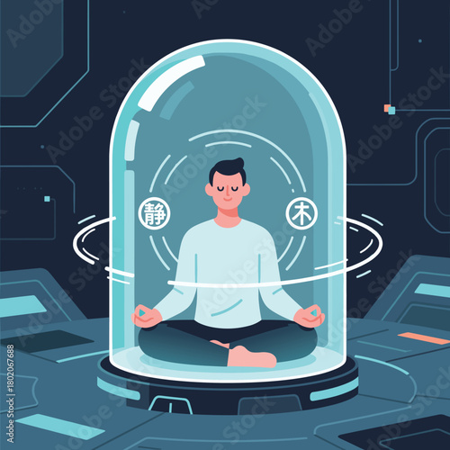 Technological Tranquility Man Meditating in a SciFi Chamber