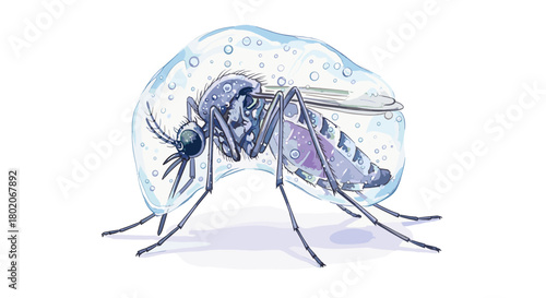 Illustration of an Aedes mosquito frozen in a droplet for public health campaigns, disease prevention articles, medical presentations, and informational materials