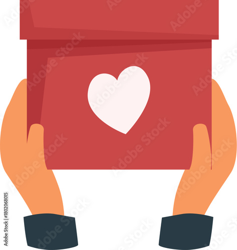 Hands holding red donation box with white heart, representing charity, volunteering, and community support