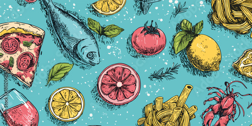 手書き風のピザやパスタ、新鮮な魚介類、レモン、トマトなどの食材が描かれた、イタリアン料理をテーマにしたカラフルでビンテージな雰囲気のイラスト背景素材です。レストランのメニューや食に関するデザインに最適な、詳細なスケッチスタイルのグラフィックです。透明感のある表現も含まれます。