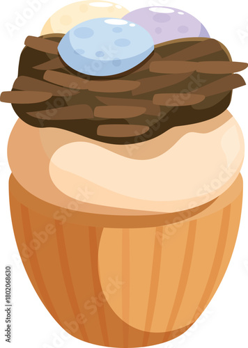 Delicious cupcake decorated with a realistic bird nest and colorful chocolate eggs on top, perfect for easter celebrations