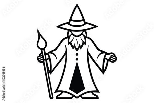 Outlined wizard holds staff and extending hand wearing cloak and hat in monochrome