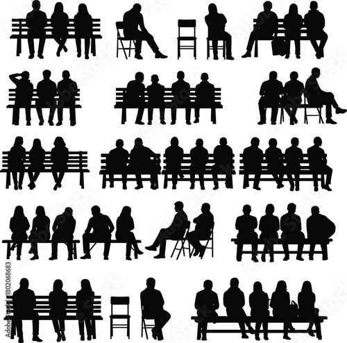 People sitting silhouette set, men and women on bench and chair, park seating illustration, group conversation, city public resting scene
