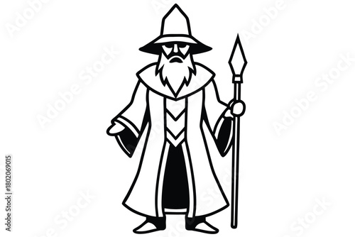 Old wizard in pointed hat holds a spear in a black and white drawing