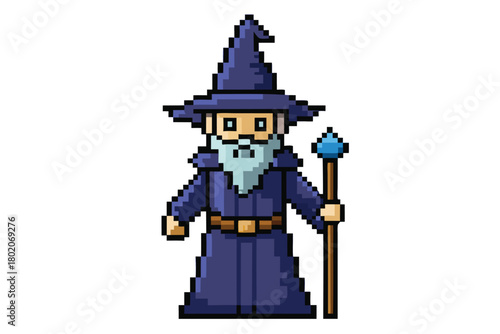 Pixel art depicts a wizard holding a blue orb staff in a blue robe