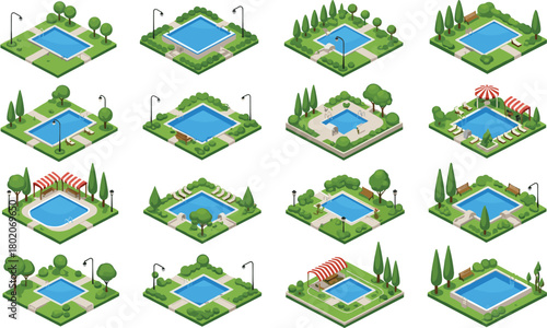 Isometric swimming pool collection in park landscape design, outdoor summer recreation, garden pool, leisure area, water illustration set