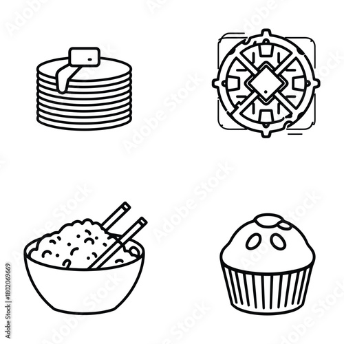 Black and White Outline Drawing of Breakfast and Dessert Foods Stack of Pancakes Waffle Muffin