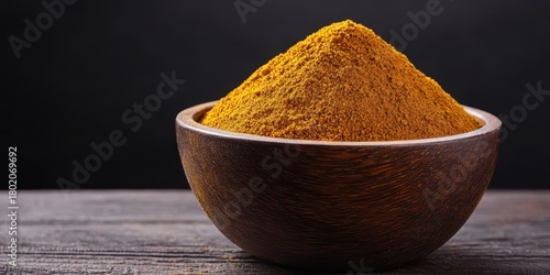 A dark wooden bowl filled with vibrant yellow turmeric powder sits on a textured wooden surface