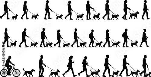People walking dogs silhouette set, diverse men and women with pets on leash, outdoor exercise activity illustration, dog owner lifestyle