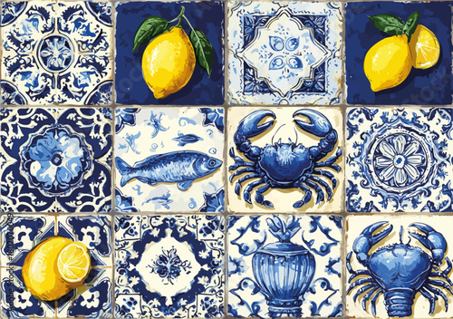 地中海風の青と白のタイル模様にレモン、カニ、魚のモチーフを組み合わせたベクターイラスト背景