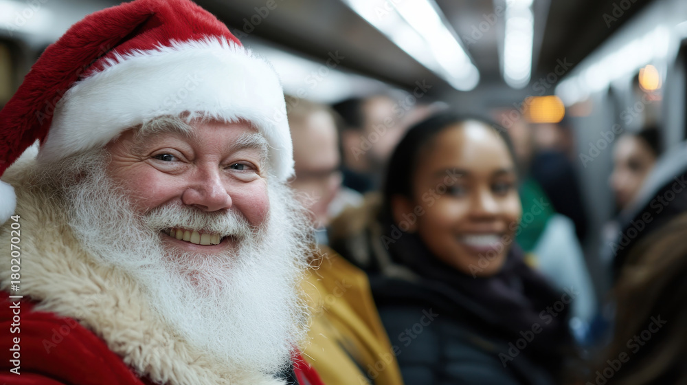 Fototapeta premium A happy Santa Claus enjoys a ride on the subway with a diverse group of people, spreading holiday cheer and joy, surrounded by festive spirit in a crowded setting.