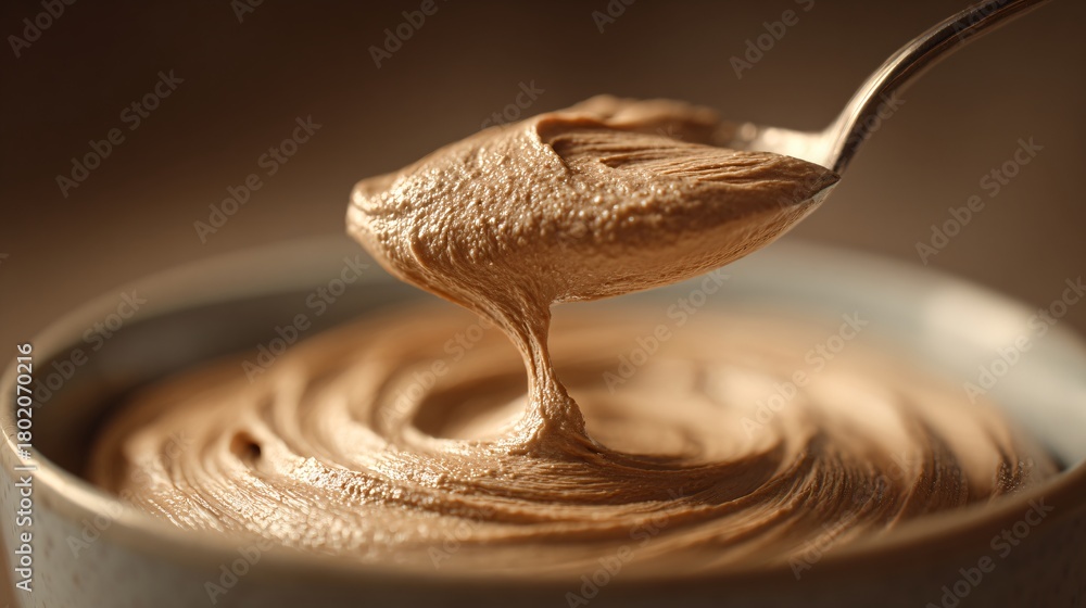 Fototapeta premium Close-up of spoonful of mousse lifted from bowl, creamy texture highlighted by directional light
