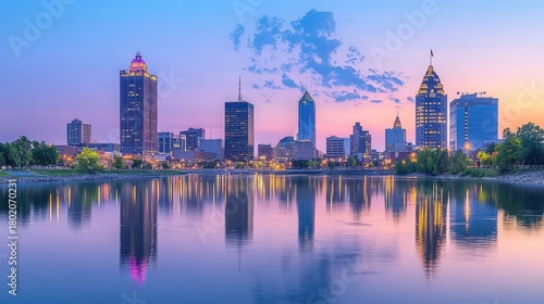 Downtown skyline with city buildings and reflections on a calm lake at dusk